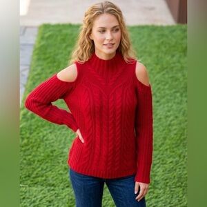 Nicole Red Cold-Shoulder Cable Knit Sweater